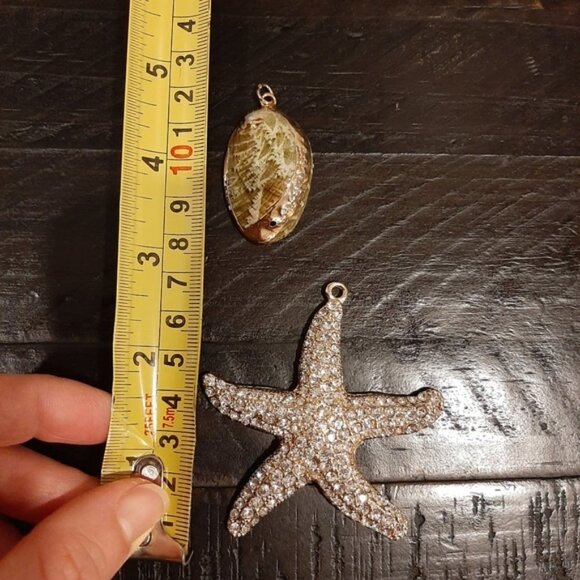 SET Of 2 Necklace Pendants Gold Dipped Genuine Abalone Shell Rhinestone Starfish - Picture 12 of 13